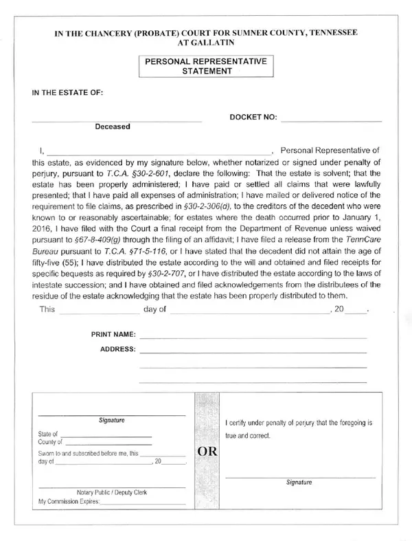 First page of Personal Representative Statement