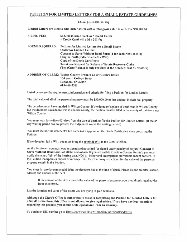 First page of Petition for Limited Letters for a Small Estate