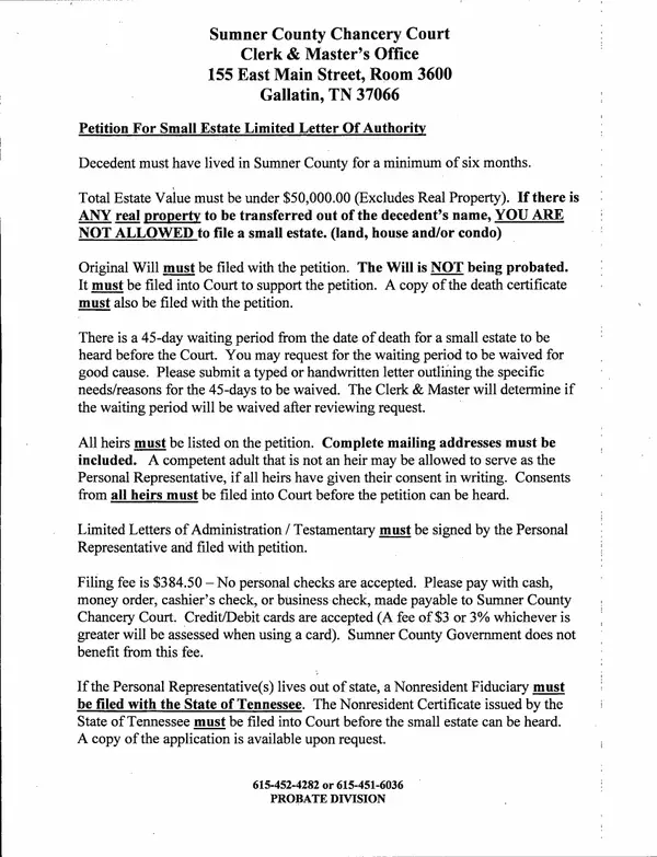 First page of Petition For Small Estate Limited Letters Of Authority Administration/Testamentary