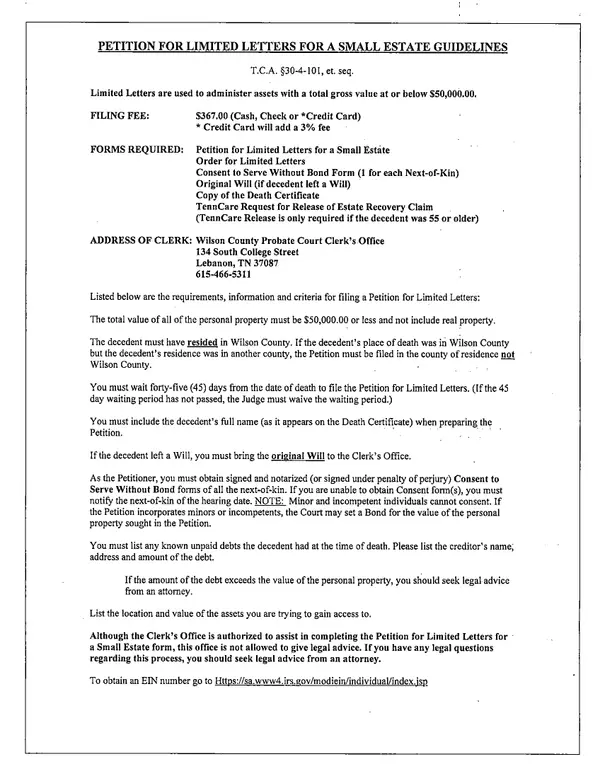 First page of Petition for Limited Letters for a Small Estate