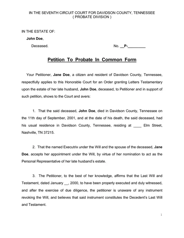 First page of Petition To Probate In Common Form