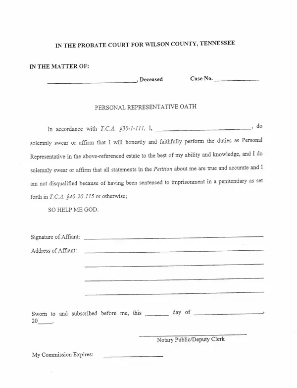 First page of Personal Representative Oath and Cost Bond