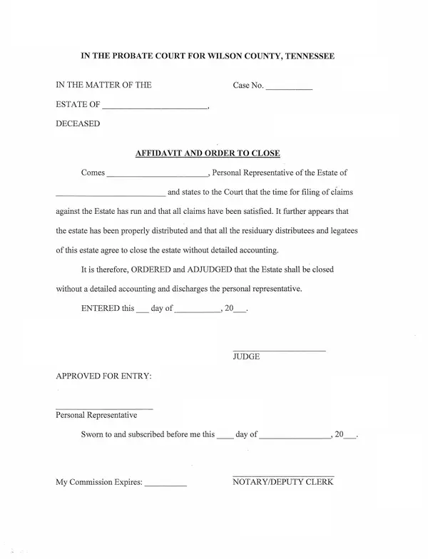First page of Affidavit and Order to Close