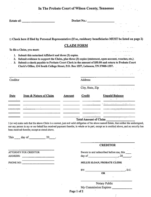 First page of Claim Form