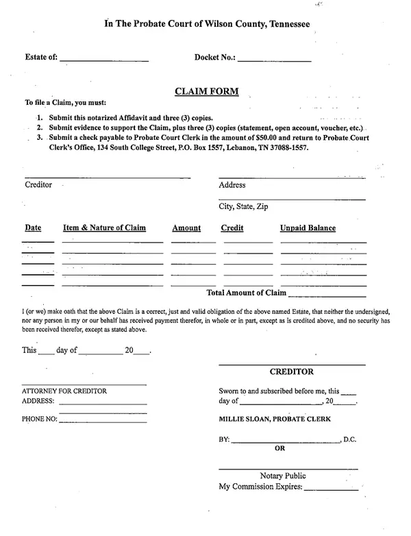 First page of Claim Form