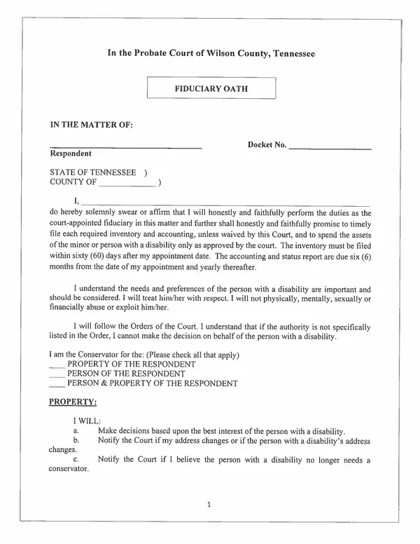 First page of Fiduciary Oath
