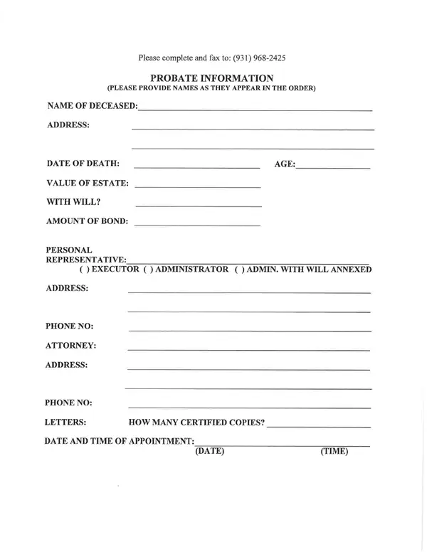 First page of Probate Information