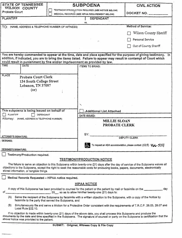 First page of Subpoena