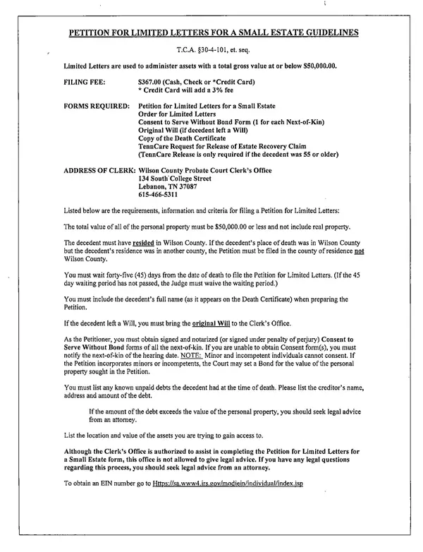 First page of Petition for Limited Letters for a Small Estate