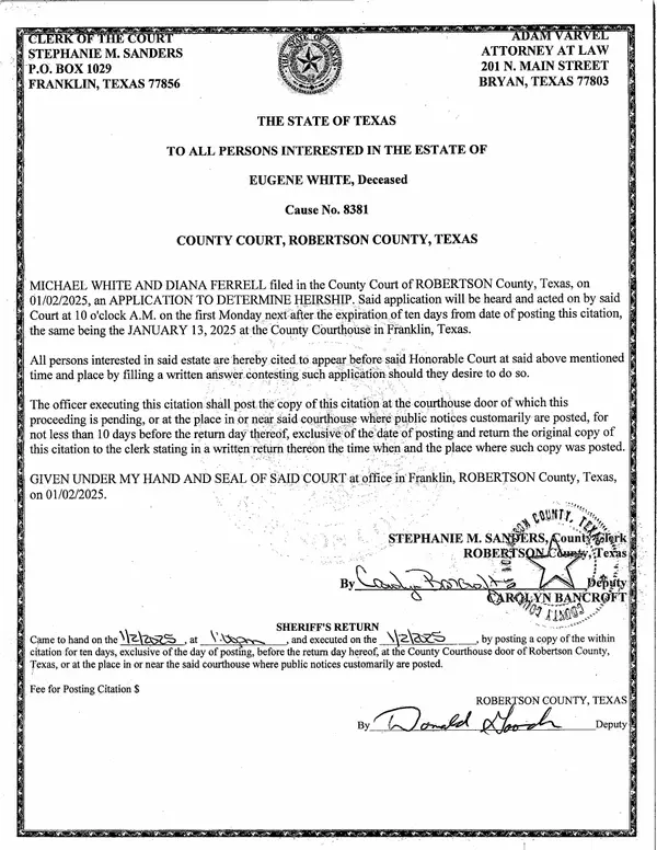 First page of Citation – Application to Determine Heirship