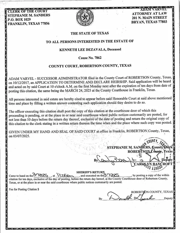First page of Citation to All Persons Interested in Estate (Application to Determine and Declare Heirship)