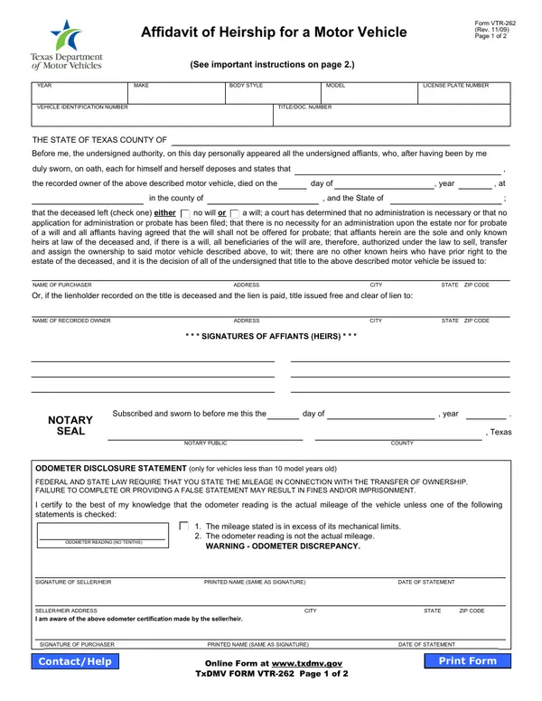 First page of Affidavit of Heirship for a Motor Vehicle