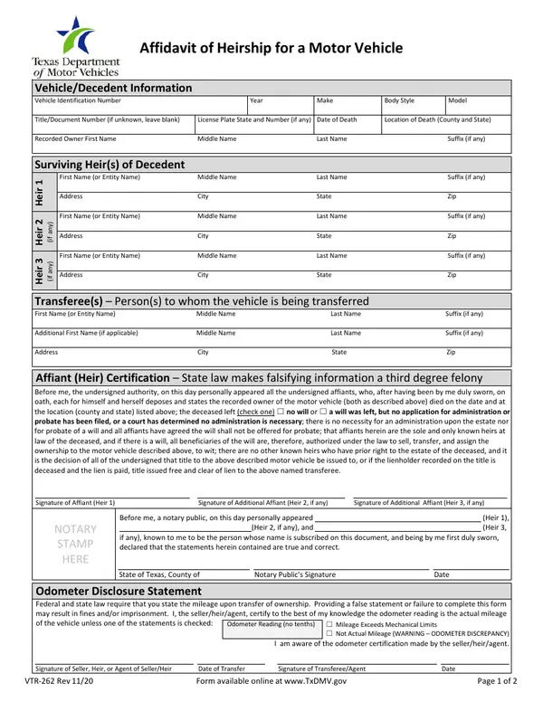 First page of Affidavit of Heirship for a Motor Vehicle