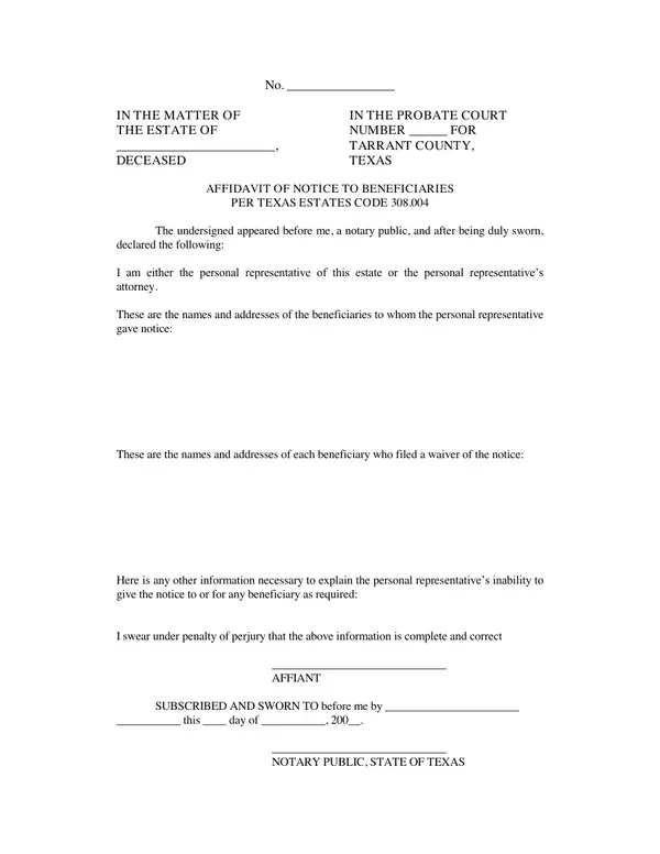 First page of Affidavit of Notice to Beneficiaries Per Texas Estates Code 308.004