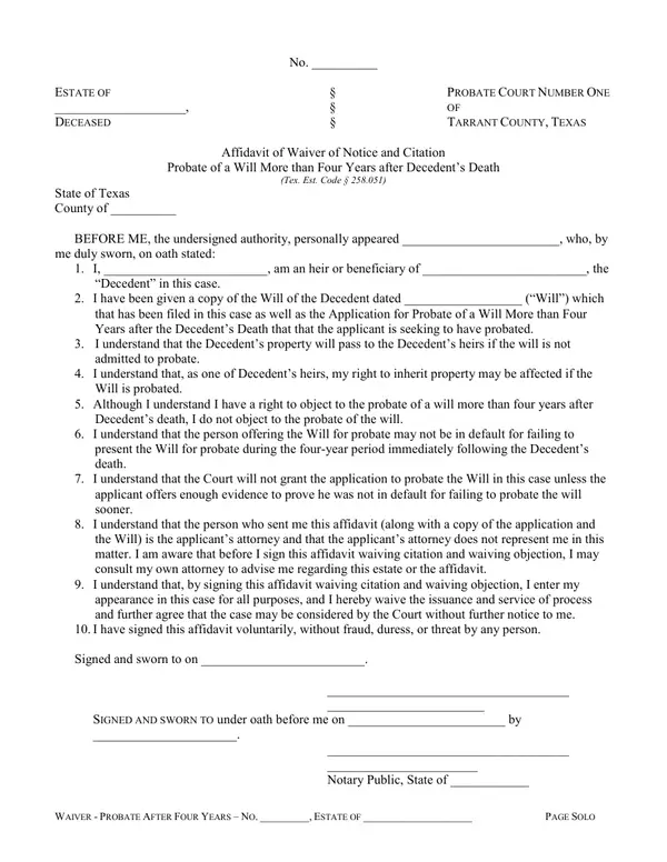 First page of Affidavit of Waiver of Notice and Citation – Probate of a Will More than Four Years after Decedent's Death