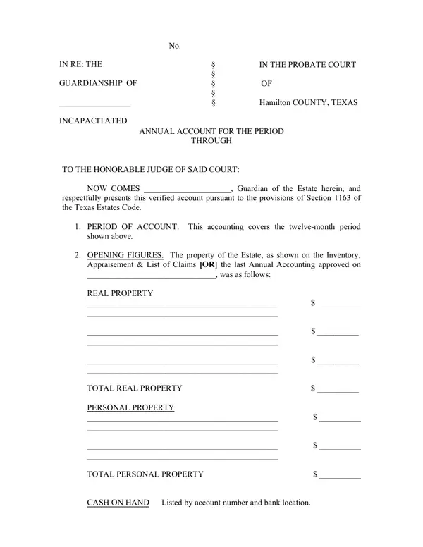 First page of Annual Account for the Period [of Guardianship of Incapacitated Person]