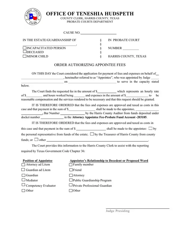 First page of Order Authorizing Appointee Fees