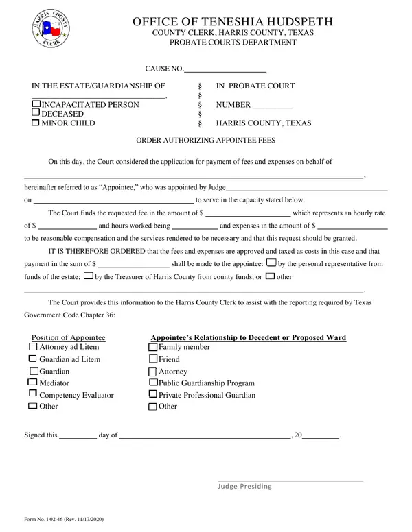 First page of Order Authorizing Appointee Fees