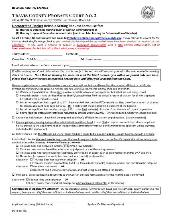 First page of Uncontested-Docket Heirship Setting Request Form