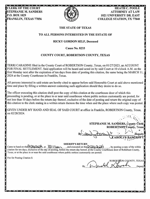 First page of Citation - Account for Final Settlement