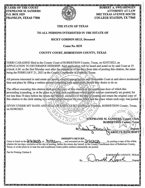 First page of Citation - Application to Determine Heirship