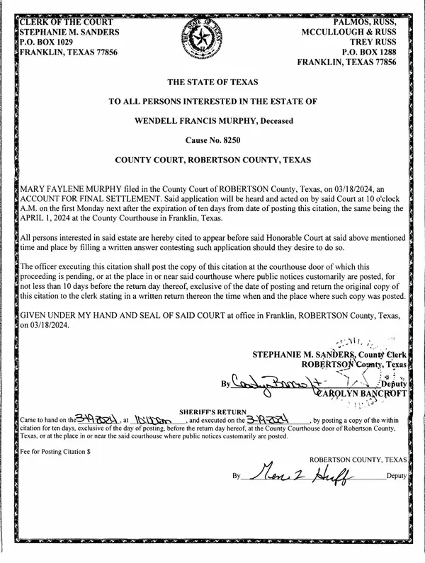 First page of Citation for Account for Final Settlement