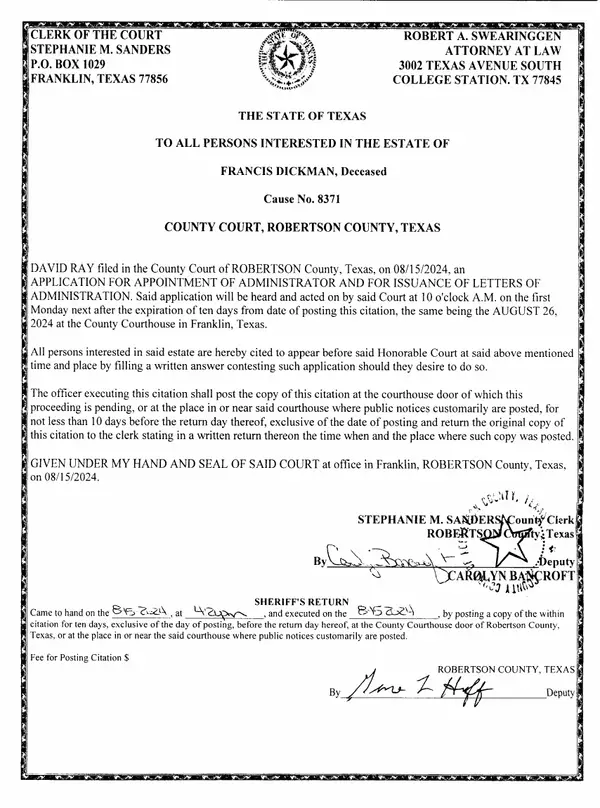 First page of Citation - Application for Appointment of Administrator and for Issuance of Letters of Administration