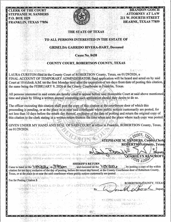 First page of Citation to All Persons Interested in the Estate (Final Account of Temporary Administrator)