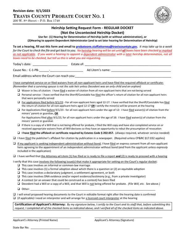 First page of Heirship Setting Request Form - REGULAR DOCKET