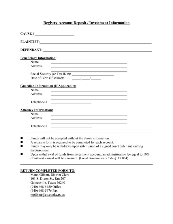 First page of Registry Account Deposit / Investment Information