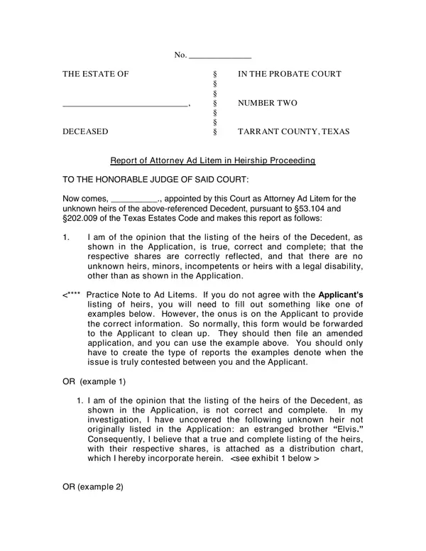 First page of Report of Attorney Ad Litem in Heirship Proceeding