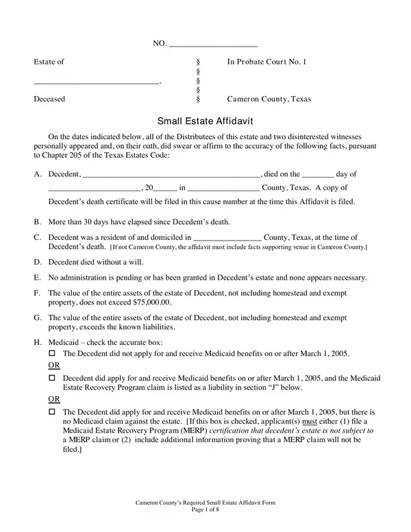 First page of Small Estate Affidavit