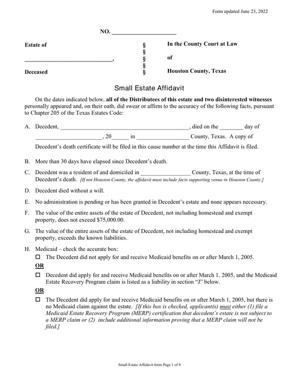 First page of Small Estate Affidavit