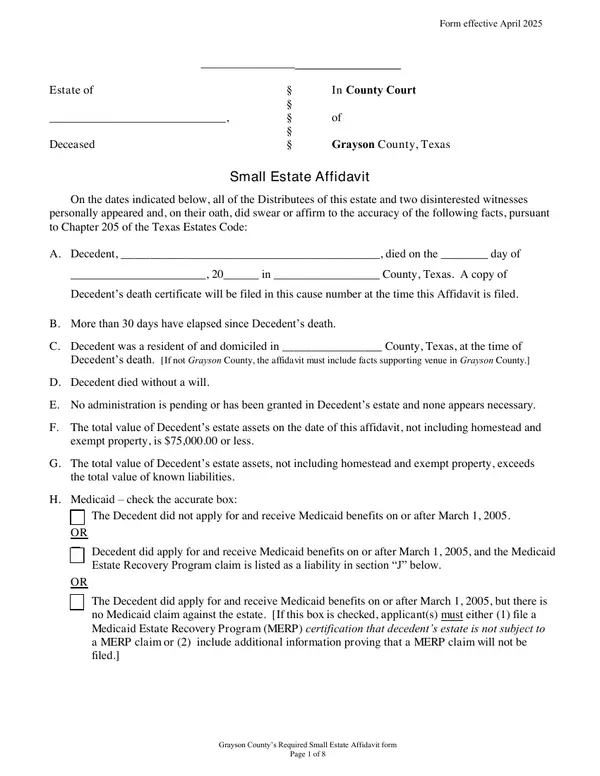 First page of Small Estate Affidavit