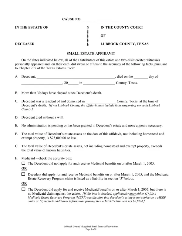 First page of Small Estate Affidavit