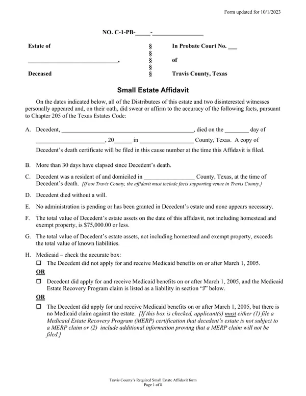 First page of Small Estate Affidavit