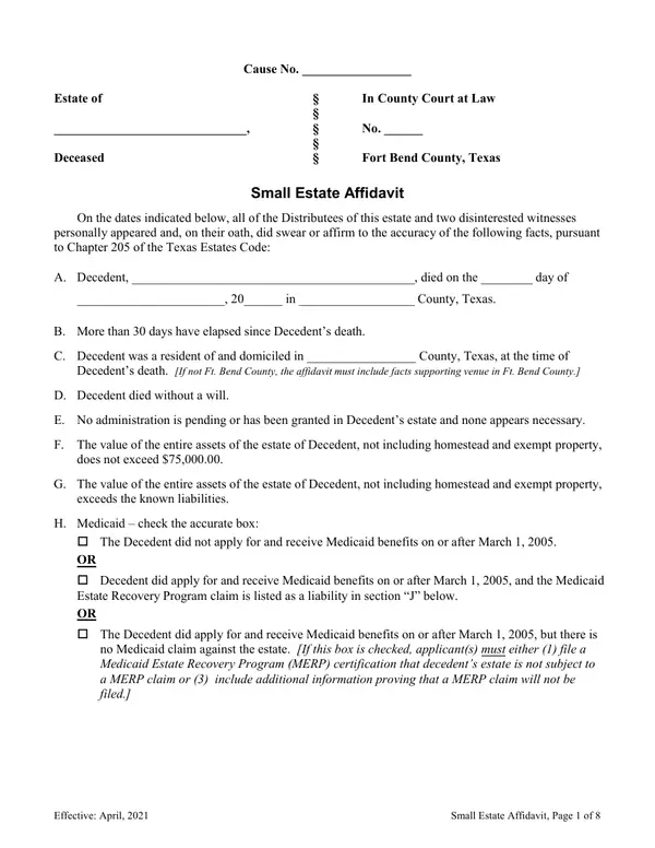 First page of Small Estate Affidavit