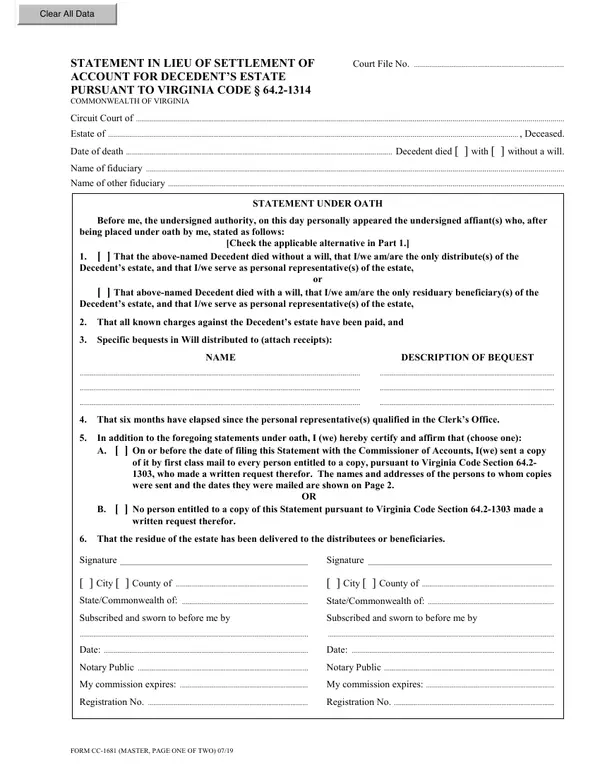 First page of Statement in Lieu of Settlement of Account for Decedent's Estate Pursuant to Virginia Code § 64.2-1314