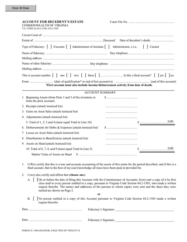 First page of Account for Decedent's Estate