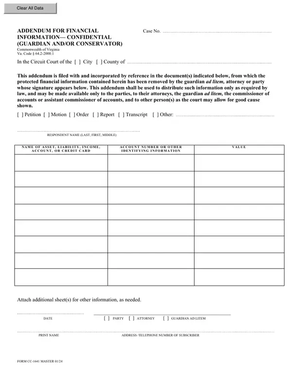 First page of Addendum for Financial Information—Confidential (Guardian and/or Conservator)