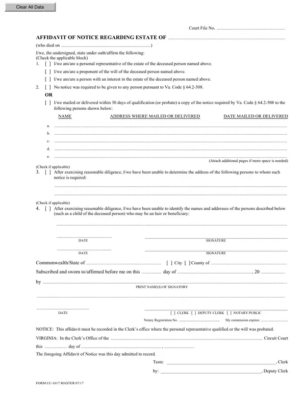 First page of Affidavit of Notice Regarding Estate