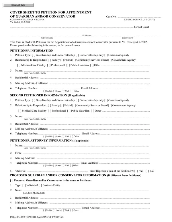 First page of Cover Sheet to Petition for Appointment of Guardian and/or Conservator