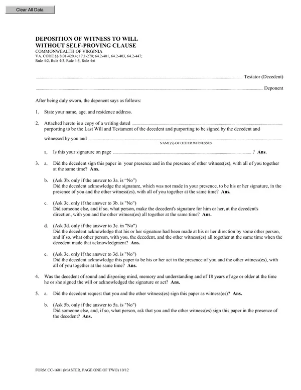 First page of Deposition of Witness to Will Without Self-Proving Clause