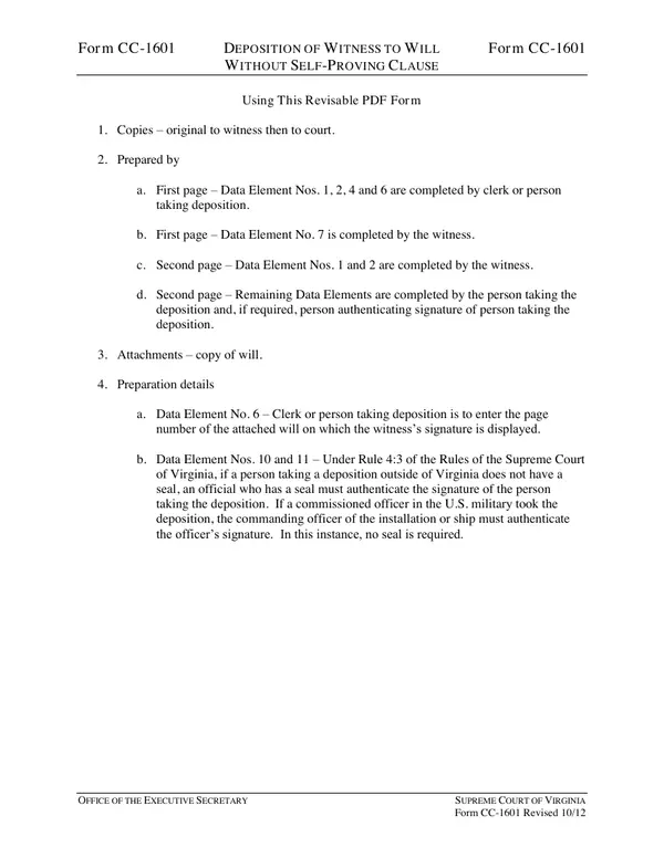First page of Deposition of Witness to Will Without Self-Proving Clause