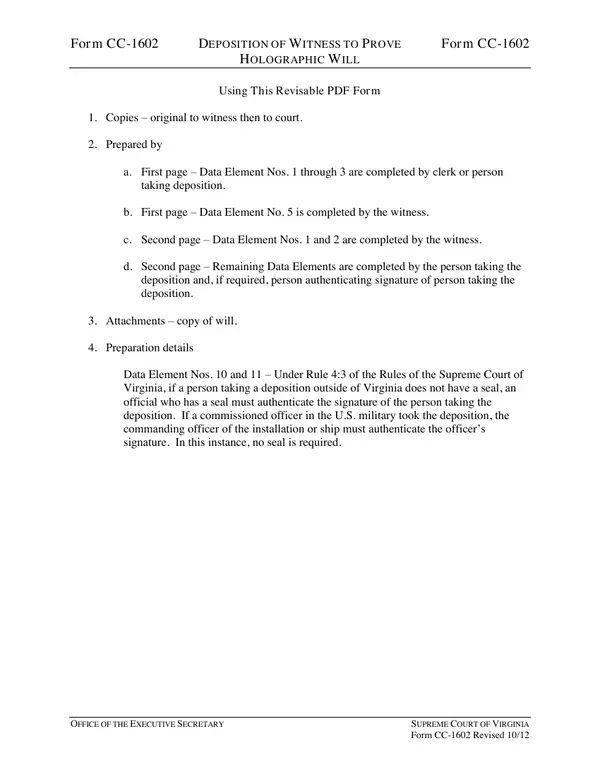 First page of Deposition of Witness to Prove Holographic Will
