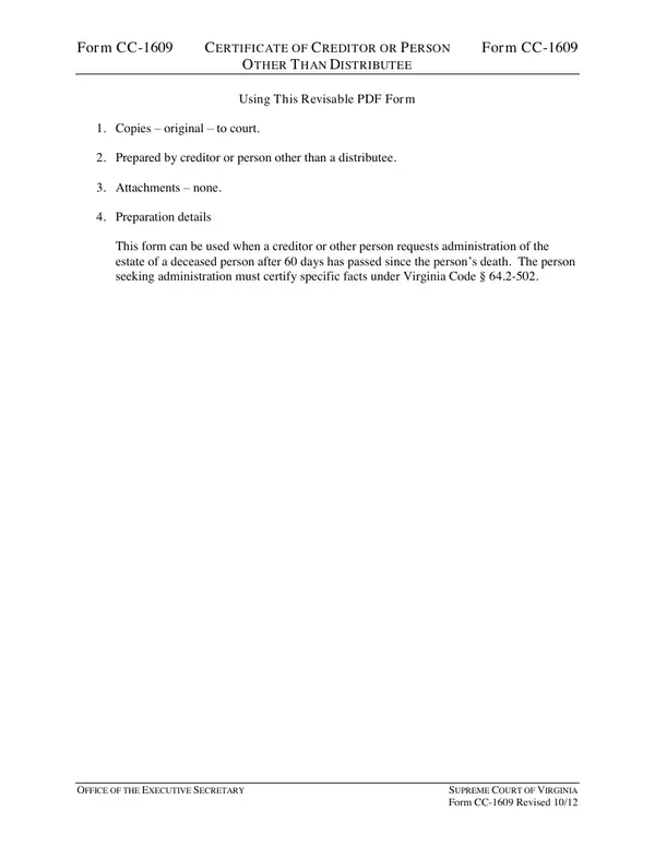 First page of Certificate of Creditor or Person Other Than a Distributee