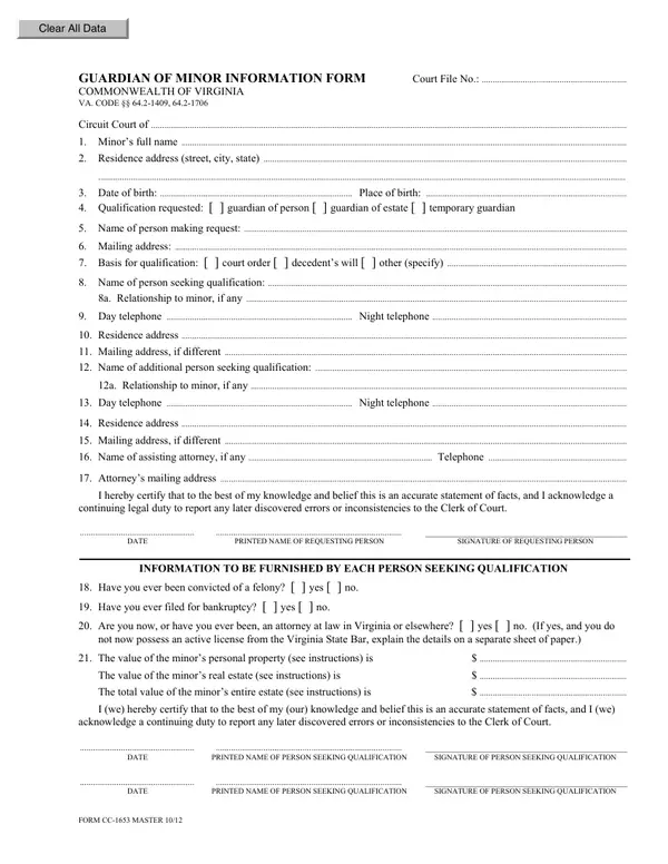 First page of Guardian of Minor Information Form