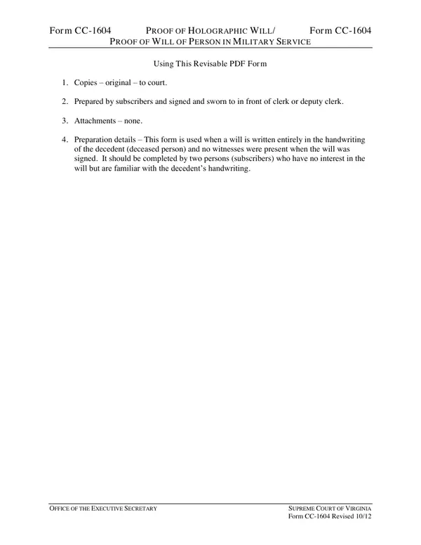 First page of Proof of Holographic Will / Proof of Will of Person in Military Service
