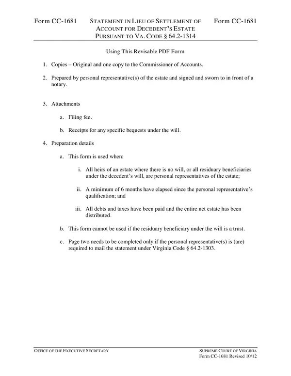 First page of Statement in Lieu of Settlement of Account for Decedent's Estate Pursuant to Va. Code § 64.2-1314