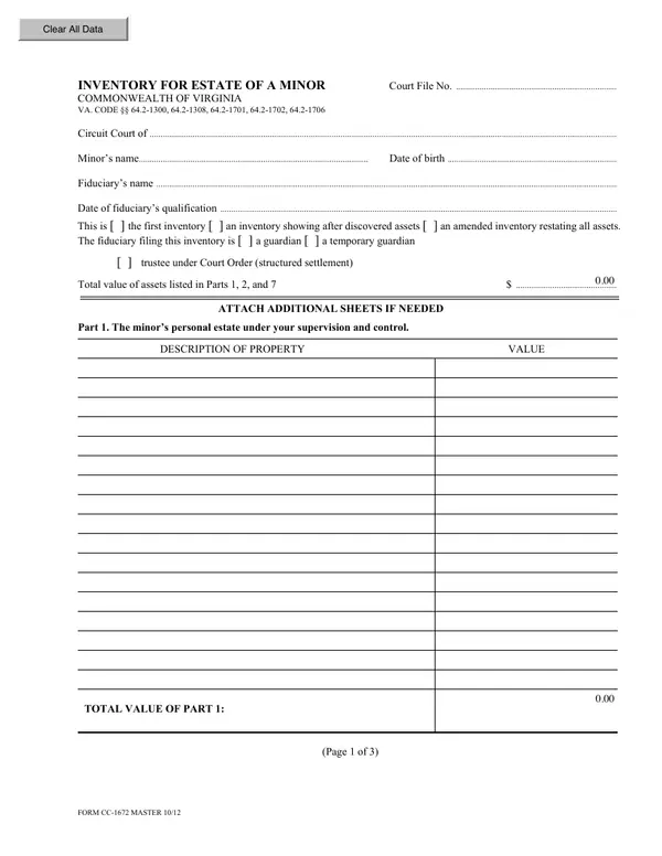 First page of Inventory for Estate of a Minor